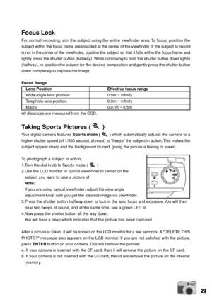 Page 2323
Focus Lock
For normal recording, aim the subject using the entire viewfinder area. To focus, position the
subject within the focus frame area located at the center of the viewfinder. If the subject to record
is not in the center of the viewfinder, position the subject so that it falls within the focus frame and
lightly press the shutter button (halfway). While continuing to hold the shutter button down lightly
(halfway), re-position the subject for the desired composition and gently press the shutter...