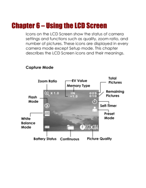 Page 51Downloaded from www.Manualslib.com manuals search engine  
Chapter 6 – Using the LCD Screen 
Icons on the LCD Screen show the status of camera 
settings and functions such as quality, zoom ratio, and 
number of pictures. These icons are displayed in every 
camera mode except Setup mode. This chapter 
describes the LCD Screen icons and their meanings. 
 
Capture Mode 
 
 
 
 
 
 
Remaining 
Pictures 
Preset 
Mode 
Flash 
Mode 
Zoom Ratio 
Continuous 
White 
Balance 
Mode 
Memory Type 
Self-Timer 
Picture...
