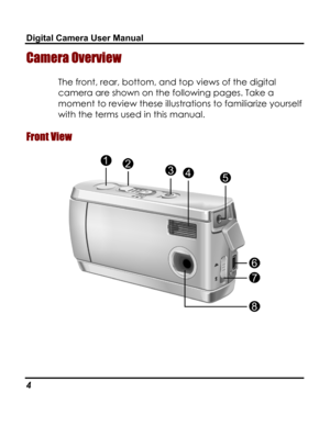 Page 8Downloaded from www.Manualslib.com manuals search engine Digital Camera User Manual 
Camera Overview 
The front, rear, bottom, and top views of the digital 
camera are shown on the following pages. Take a 
moment to review these illustrations to familiarize yourself 
with the terms used in this manual. 
Front View 
 
4   