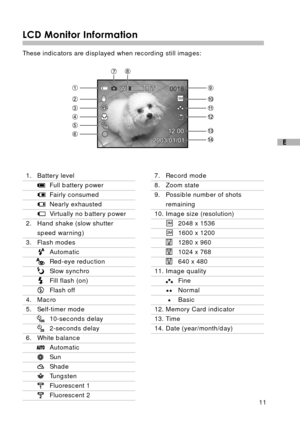 Page 1211
E
LCD Monitor Information
These indicators are displayed when recording still images:
1. Battery level
Full battery power
Fairly consumed
Nearly exhausted
Virtually no battery power
2. Hand shake (slow shutter
speed warning)
3. Flash modes
 Automatic
Red-eye reduction
Slow synchro
Fill flash (on)
Flash off
4. Macro
5. Self-timer mode
10-seconds delay
2-seconds delay
6. White balance
Automatic
Sun
Shade
Tungsten
Fluorescent 1
Fluorescent 2
7. Record mode
8. Zoom state
9. Possible number of shots...