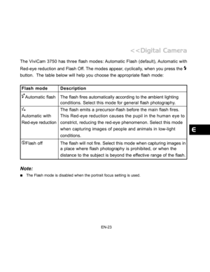 Page 24Downloaded from www.Manualslib.com manuals search engine EN-23
The ViviCam 3750 has three flash modes: Automatic Flash (default), Automatic with
Red-eye reduction and Flash Off. The modes appear, cyclically, when you press the 
button.  The table below will help you choose the appropriate flash mode:
Flash mode Description
Automatic flashThe flash fires automatically according to the ambient lighting
conditions. Select this mode for general flash photography.
The flash emits a precursor-flash before the...