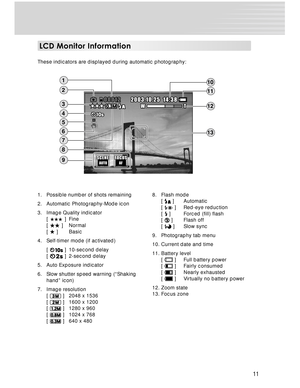 Page 11Downloaded from www.Manualslib.com manuals search engine 11
These indicators are displayed during automatic photography:
1. Possible number of shots remaining
2. Automatic Photography-Mode icon
3. Image Quality indicator
[ 
 ] Fine
[ 
 ] Normal
[  ] Basic
4. Self-timer mode (if activated)
[ 
 ] 10-second delay
[  ] 2-second delay
5. Auto Exposure indicator
6.Slow shutter speed warning (“Shaking
hand” icon)
7. Image resolution
[ 
 ] 2048 x 1536
[  ] 1600 x 1200
[  ] 1280 x 960
[ 
 ] 1024 x 768
[  ] 640 x...