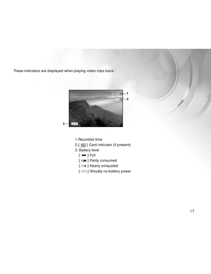 Page 17Downloaded from www.Manualslib.com manuals search engine 17
17 1717
These indicators are displayed when playing video clips back:
1. Recorded time
2. [ 
 ] Card indicator (if present)
3. Battery level
[ 
 ] Full
[ 
 ] Partly consumed
[ 
 ] Nearly exhausted
[ 
 ] Virtually no battery power
00:00  