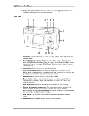 Page 8Downloaded from www.Manualslib.com manuals search engine Digital Camera User Manual 
12. Sliding door power switch: Slide this switch to turn the digital camera on or off. 
This switch also controls the internal lens cover. 
Back view 
 
1. Viewfinder: Use the viewfinder to frame your shot instead of the LCD screen and 
conserve power. 
2. Power LED (green): Indicates the power status of the camera. This LED blinks 
when the camera performs a self-check at startup, or while saving images / movie 
clips...