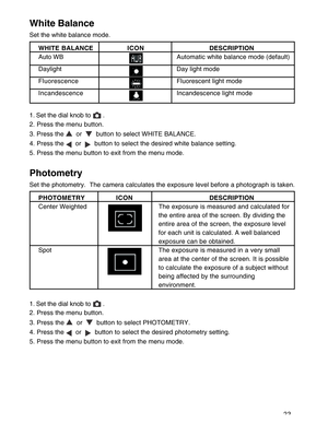 Page 24Downloaded from www.Manualslib.com manuals search engine 23
White Balance
Set the white balance mode.
WHITE BALANCEICONDESCRIPTION
Auto WBAutomatic white balance mode (default)
Daylight Day light mode
FluorescenceFluorescent light mode
IncandescenceIncandescence light mode
1. Set the dial knob to 
 .
2. Press the menu button.
3. Press the 
  or    button to select WHITE BALANCE.
4. Press the 
  or    button to select the desired white balance setting.
5. Press the menu button to exit from the menu mode....