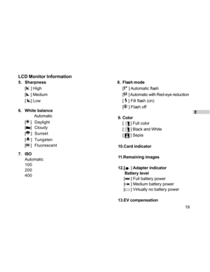 Page 20Downloaded from www.Manualslib.com manuals search engine E
19
LCD Monitor Information
5. Sharpness 8. Flash mode
[
 ] High [ ] Automatic flash
[
 ] Medium [ ] Automatic with Red-eye reduction
[ 
] Low [  ] Fill flash (on)
[
 ] Flash off
9. Color
[ 
 ] Full color
[ 
 ] Black and White
[ 
 ] Sepia
10.Card indicator
11.Remaining images
12.[
 ] Adapter indicator
  Battery level
 [
 ] Full battery power
 [
 ] Medium battery power
 [
 ] Virtually no battery power
13.EV compensation 6. White balance...