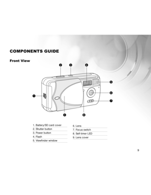 Page 9Downloaded from www.Manualslib.com manuals search engine 9
1. Battery/SD card cover
2. Shutter button
3. Power button
4. Flash
5. Viewfinder window
COMPONENTS GUIDE
Front View
98
6
5
7
1
234
6. Lens
7. Focus switch
8. Self-timer LED
9. Lens cover  