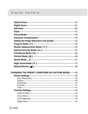 Page 7Downloaded from www.Manualslib.com manuals search engine 6
Optical Zoom-----------------------------------------------------------------------24
Digital Zoom-----------------------------------------------------------------------25
Self-timer---------------------------------------------------------------------------26
Flash----------------------------------------------------------------------------------27
Focus Modes------------------------------------------------------------------------29
Exposure...