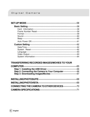 Page 9Downloaded from www.Manualslib.com manuals search engine 8
SET-UP  MODE-----------------------------------------------------------------------58
Basic Setting-----------------------------------------------------------------------58
Card  Information-----------------------------------------------------------------58
Frame Number Reset-----------------------------------------------------------59
Format------------------------------------------------------------------------------59...