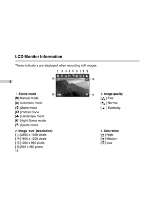 Page 18Downloaded from www.Manualslib.com manuals search engine E
18
LCD Monitor Information
These indicators are displayed when recording still images
1. Scene mode3. Image quality
[M] Manual mode [
 ] Fine
[A] Automatic mode [
 ] Normal
[
 ]Macro mode [   ] Economy
[
 ]Portrait mode
[
 ]Landscape mode
[
 ]Night Scene mode
[
 ]Sports mode
2. Image  size  (resolution)4. Saturation
[ 
 ]2560 x 1920 pixels [ ] High
[ 
 ]1600 x 1200 pixels [ ] Medium
[ 
 ]1280 x 960 pixels [ ] Low
[ 
 ]640 x 480 pixels  