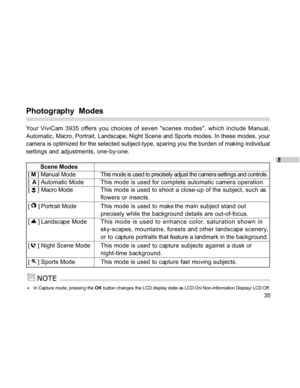 Page 35Downloaded from www.Manualslib.com manuals search engine E
35
Photography  Modes
Your ViviCam 3935 offers you choices of seven scenes modes, which include Manual,
Automatic, Macro, Portrait, Landscape, Night Scene and Sports modes. In these modes, your
camera is optimized for the selected subject-type, sparing you the burden of making individual
settings and adjustments, one-by-one.
        Scene Modes
[ M ] Manual ModeThis mode is used to precisely adjust the camera settings and controls.
[  A ]...