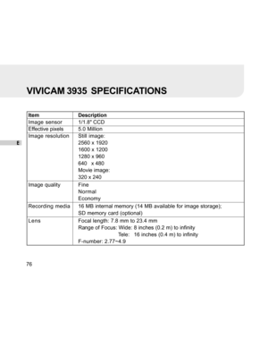 Page 76Downloaded from www.Manualslib.com manuals search engine E
76
VIVICAM 3935  SPECIFICATIONS
ItemDescription
Image sensor1/1.8 CCD
Effective pixels5.0 Million
Image resolutionStill image:
2560 x 1920
1600 x 1200
1280 x 960
640   x 480
Movie image:
320 x 240
Image qualityFine
Normal
Economy
Recording media 16 MB internal memory (14 MB available for image storage);
SD memory card (optional)
LensFocal length: 7.8 mm to 23.4 mm
Range of Focus: Wide: 8 inches (0.2 m) to infinity
Tele: 16 inches (0.4 m) to...