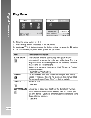 Page 62Downloaded from www.Manualslib.com manuals search engine EN-62
Digital Camera >>Play Menu
1. Slide the mode switch to [  ].
2. Press the 
 button to access in [PLAY] menu.
3 . Use the S/T/W /X buttons to select the desired setting, then press the OK button.
4. To exit from the playback menu, press the 
 button.
Item Functional Description
SLIDE SHOWThis function enables you to play back your images
automatically in sequential order as a slide show. This is a
very useful and entertaining feature for...