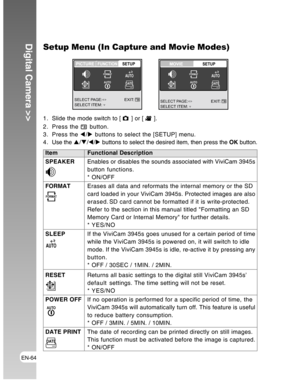 Page 64Downloaded from www.Manualslib.com manuals search engine EN-64
Digital Camera >>Setup Menu (In Capture and Movie Modes)
1. Slide the mode switch to [  ] or [  ].
2. Press the 
 button.
3. Press the W/X buttons to select the [SETUP] menu.
4 . Use the S/T/W/X buttons to select the desired item, then press the OK button.
SELECT ITEM:
MOVIESETUP
SELECT PAGE:
FORMATAUTODATEAUTOD
EXIT:
Item Functional Description
SPEAKEREnables or disables the sounds associated with ViviCam 3945s
button functions.
* ON/OFF...