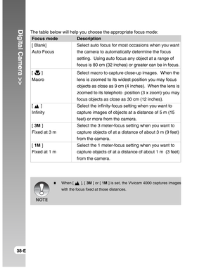 Page 38Downloaded from www.Manualslib.com manuals search engine Digital Camera >>
38-E
The table below will help you choose the appropriate focus mode:
Focus mode Description
[ Blank] Select auto focus for most occasions when you want
Auto Focus the camera to automatically determine the focus
setting.  Using auto focus any object at a range of
focus is 80 cm (32 inches) or greater can be in focus.
[ 
 ] Select macro to capture close-up images.  When the
Macro lens is zoomed to its widest position you may focus...