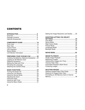 Page 6Downloaded from www.Manualslib.com manuals search engine 6
CONTENTS
INTRODUCTION............................................... 8
Overview ........................................................... 8
Package Contents ............................................ 9
Optional Accessories ........................................ 9
COMPONENTS GUIDE ................................... 10
Front View ......................................................... 10
Rear View...