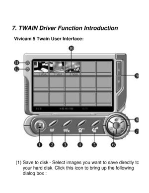 Page 23Downloaded from www.Manualslib.com manuals search engine  7. TWAIN Driver Function Introduction 
Vivicam 5 Twain User Interface:  
(1) Save to disk - Select images you want to save directly to your hard disk. Click this icon to bring up the following dialog box :   