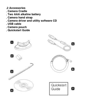 Page 5 2.2 Accessories 1. Camera Cradle  2. Two AAA alkaline battery 3. Camera hand strap 4. Camera driver and utility software CD 5. USB cable 6. Camera pouch  7. Quickstart Guide       