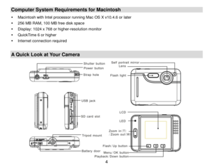 Page 5 4 
Computer System Requirements for Macintosh 
 Macintosh with Intel processor running Mac OS X v10.4.6 or later 
 256 MB RAM, 100 MB free disk space 
 Display: 1024 x 768 or higher-resolution monitor 
 QuickTime 6 or higher 
 Internet connection required   
 
A Quick Look at Your Camera 
 
 
 
 
 
 
 
 
 
 
 
 
  