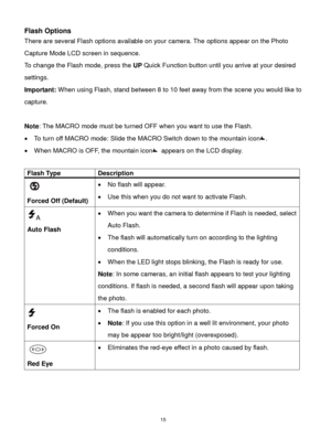 Page 16 15 
Flash Options 
There are several Flash options available on your camera. The options appear on the Photo 
Capture Mode LCD screen in sequence.  
To change the Flash mode, press the UP Quick Function button until you arrive at your desired 
settings. 
Important: When using Flash, stand between 8 to 10 feet away from the scene you would like to 
capture. 
 
Note: The MACRO mode must be turned OFF when you want to use the Flash.  
 To turn off MACRO mode: Slide the MACRO Switch down to the mountain...