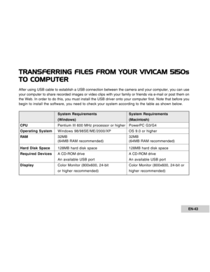 Page 43Downloaded from www.Manualslib.com manuals search engine EN-43
TRANSFERRING FILES FROM YOUR VIVICAM 5150s
TO COMPUTER
After using USB cable to establish a USB connection between the camera and your computer, you can use
your computer to share recorded images or video clips with your family or friends via e-mail or post them on
the Web. In order to do this, you must install the USB driver onto your computer first. Note that before you
begin to install the software, you need to check your system according...