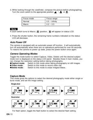 Page 11Downloaded from www.Manualslib.com manuals search engine EN-10
3. While looking through the viewfinder, compose the picture before photographing.
Turn the zoom switch to the appropriate position        /        or      .
Focus mode Focus range
Normal0.5 ~ infinity
Macro0.2 ~ 0.5
NoteIf zoom switch turns to Macro (   ´  )position, ´     will appear on status LCD.
4. Press the shutter button, the remaining frame numbers indicated on the status
LCD will decrease.
Aoto Power Off
The camera is equipped with...