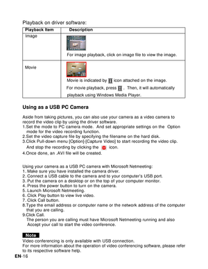 Page 17Downloaded from www.Manualslib.com manuals search engine EN-16
Using as a USB PC Camera
Aside from taking pictures, you can also use your camera as a video camera to
record the video clip by using the driver software.
1.Set the mode to PC camera mode.  And set appropriate settings on the  Option
   mode for the video recording function.
2.Set the video capture file by specifying the filename on the hard disk.
3.Click Pull-down menu [Option]-[Capture Video] to start recording the video clip.
   And stop...