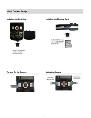 Page 5 4 
Initial Camera Setup 
 
 
 
 
 
 
Installing the Batteries  Installing the Memory Card 
 
 
 
 
  
  
Turning On the Camera  Using the Camera 
 
 
  