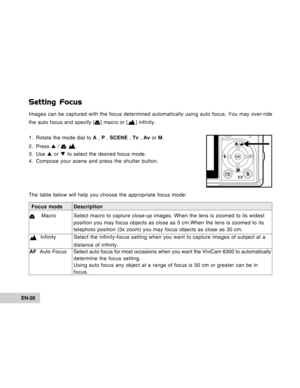 Page 26Downloaded from www.Manualslib.com manuals search engine EN-26
Focus mode Description
    MacroSelect macro to capture close-up images. When the lens is zoomed to its widest
position you may focus objects as close as 5 cm.When the lens is zoomed to its
telephoto position (3x zoom) you may focus objects as close as 30 cm.
  Infinity Select the infinity-focus setting when you want to capture images of subject at a
distance of infinity.
AF  Auto FocusSelect auto focus for most occasions when you want the...