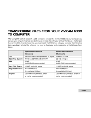 Page 51Downloaded from www.Manualslib.com manuals search engine EN-51
TRANSFERRING FILES FROM YOUR VIVICAM 6300
TO COMPUTER
After using USB cable to establish a USB connection between the ViviCam 6300 and your computer, you
can use your computer to share recorded images or video clips with your family or friends via e-mail or post
them on the Web. In order to do this, you must install the USB driver onto your computer first. Note that
before you begin to install the software, you need to check your system...