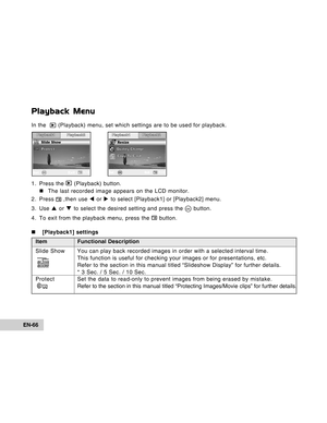 Page 66Downloaded from www.Manualslib.com manuals search engine EN-66
Playback Menu
In the   (Playback) menu, set which settings are to be used for playback.
1. Press the 
 (Playback) button.
