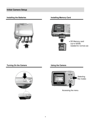 Page 5 4 
Initial Camera Setup 
 
Installing the Batteries  Installing Memory Card 
 
 
 
 
 
 
 
 
 
 
 
Turning On the Camera  Using the Camera 
 
 
 
 
 
  
 
 
 
 
 SD Memory card  
(up to 32GB)  
needed for normal use  
 
 
Selecting 
the modes 
Accessing the menu      