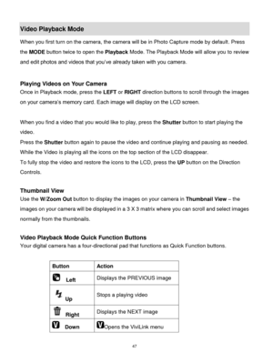 Page 48 47 
Video Playback Mode 
When you first turn on the camera, the camera will be in Photo Capture mode by default. Press 
the MODE button twice to open the Playback Mode. The Playback Mode will allow you to review 
and edit photos and videos that you‟ve already taken with you camera. 
 
 
Playing Videos on Your Camera 
Once in Playback mode, press the LEFT or RIGHT direction buttons to scroll through the images 
on your camera‟s memory card. Each image will display on the LCD screen. 
 
When you find a...