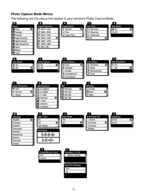 Page 15 14 
Photo Capture Mode Menus 
The following are the menus that appear in your camera‟s Photo Capture Mode: 
 
  