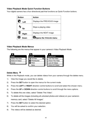 Page 46 45 
Video Playback Mode Quick Function Buttons 
Your digital camera has a four-directional pad that functions as Quick Function buttons.  
 
Button Action 
  Left Displays the PREVIOUS image 
Up Stops a playing video 
 Right Displays the NEXT image 
  Down Opens the ViviLink menu 
 
 
Video Playback Mode Menus 
The following are the menus that appear in your camera‟s Video Playback Mode: 
 
Delete Menu  
While in the Playback mode, you can delete videos from your camera through the delete menu. 
1) View...