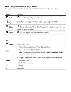 Page 16Downloaded from www.Manualslib.com manuals search engine  15 
Photo Capture Mode Quick Function Buttons 
Your digital camera has a four-directional pad that functions as Quick Function buttons:  
 
Button Function 
  Left Scene Selection – Opens the Scene menu 
Up Flash Options – Toggles the Flash options appearing on the LCD 
 Right Delete – Opens the ‘Delete This Photo’ option and allows you to view and 
delete the last photo taken 
  Down  ViviLink – Opens the ViviLink for Photos menu 
 
 
Other...