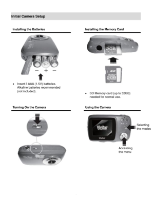 Page 5Downloaded from www.Manualslib.com manuals search engine  4 
Initial Camera Setup 
 
 
 
 
Installing the Batteries  Installing the Memory Card 
 
 Insert 3 AAA (1.5V) batteries.  
Alkaline batteries recommended  
(not included). 
 
 
 
 
 
 SD Memory card (up to 32GB)  
needed for normal use. 
 
Turning On the Camera  Using the Camera 
 
 
    
Selecting  
the modes 
Accessing 
the menu   