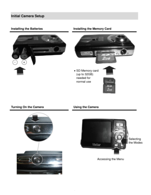 Page 5Downloaded from www.Manualslib.com manuals search engine  4 
Initial Camera Setup 
 
 
Installing the Batteries  Installing the Memory Card 
 
 
 
 
 
  
 
Turning On the Camera  Using the Camera 
 
  
 
 
 
 SD Memory card  
(up to 32GB)  
needed for 
normal use 
 
Selecting  
the Modes 
Accessing the Menu   