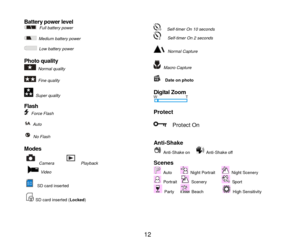 Page 13 12 
 
Battery power level  Full battery power                       Medium battery power                       Low battery power                                               Photo quality 
 Normal quality                              Fine quality               
 Super quality      Flash                                                             Force Flash      Auto       
 No Flash           Modes 
 Camera      Playback  
 Video         
  SD card inserted       
  SD card inserted (Locked)...