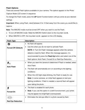 Page 16 15 
Flash Options 
There are several Flash options available on your camera. The options appear on the Photo 
Capture Mode LCD screen in sequence.  
To change the Flash mode, press the UP Quick Function button until you arrive at your desired 
settings. 
Important: When using Flash, stand between 8 to 10 feet away from the scene you would like to 
capture.  
Note: The MACRO mode must be turned OFF when you want to use the Flash.  
 To turn off MACRO mode: Slide the MACRO Switch down to the mountain...