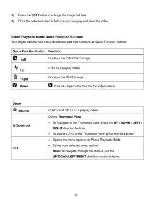 Page 53 52 
3) Press the SET button to enlarge the image full size. 
4) Once the selected video is full size you can play and view the video. 
 
 
Video Playback Mode Quick Function Buttons 
Your digital camera has a four-directional pad that functions as Quick Function buttons.  
 
Quick Function Button Function 
  Left Displays the PREVIOUS image 
Up STOPS a playing video 
 Right Displays the NEXT image 
  Down  ViviLink - Opens the ViviLink for Videos menu 
 
 
Other 
 
 Shutter PLAYS and PAUSES a playing...