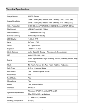 Page 9Downloaded from www.Manualslib.com manuals search engine  8 
Technical Specifications 
Image Sensor CMOS Sensor 
Image Resolution 
3456 x 2592 (9M) / 3648 x 2048 (7M HD) / 2592 x1944 (5M) / 
2048 x 1536 (3M) / 1920 x 1080 (2M HD) / 640 x 480 (VGA) 
Video Resolution 640X480 pixels VGA (30 fps) / 320X240 pixels QVGA (30 fps) 
File Format JPEG (Photo) /AVI (Video) 
Internal Memory 1 Test Photo Use Only 
External Memory SD Card (up to 32GB) 
LCD Display 1.8 Inch TFT 
Lens f=7 mm  F3.0 
Zoom 4X Digital Zoom...