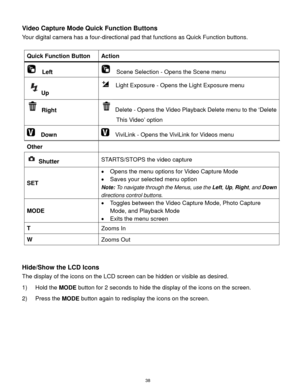 Page 39 38 
Video Capture Mode Quick Function Buttons 
Your digital camera has a four-directional pad that functions as Quick Function buttons.  
 
Quick Function Button Action 
  Left   Scene Selection - Opens the Scene menu 
Up 
  Light Exposure - Opens the Light Exposure menu 
 Right  Delete - Opens the Video Playback Delete menu to the „Delete 
This Video‟ option 
  Down   ViviLink - Opens the ViviLink for Videos menu  
Other  
 Shutter STARTS/STOPS the video capture 
SET 
 Opens the menu options for Video...