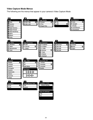 Page 40 39 
Video Capture Mode Menus 
The following are the menus that appear in your camera‟s Video Capture Mode: 
 
 
 
 
 
 
  