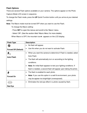 Page 15 14 
Flash Options 
There are several Flash options available on your camera. The options appear on the Photo 
Capture Mode LCD screen in sequence.  
To change the Flash mode, press the UP Quick Function button until you arrive at your desired 
settings. 
Note: The Macro mode must be turned OFF when you want to use the Flash.  
To change the Macro setting:  
- Press SET to open the menus and scroll to the „Macro‟ menu.  
- Select „Off‟. (See the section titled „Macro Menu‟ for more details).    
When...