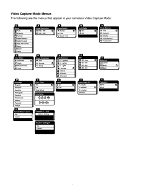 Page 46Downloaded from www.Manualslib.com manuals search engine  45 
Video Capture Mode Menus 
The following are the menus that appear in your camera’s Video Capture Mode: 
 
 
 
 
 
 
 
   