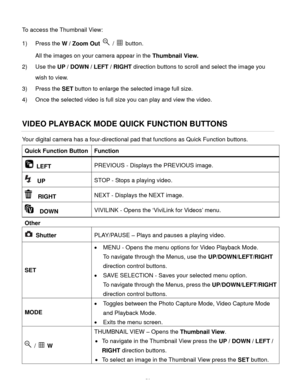 Page 57Downloaded from www.Manualslib.com manuals search engine  56 
To access the Thumbnail View: 
1) Press the W / Zoom Out  /  button. 
All the images on your camera appear in the Thumbnail View. 
2) Use the UP / DOWN / LEFT / RIGHT direction buttons to scroll and select the image you 
wish to view. 
3) Press the SET button to enlarge the selected image full size. 
4) Once the selected video is full size you can play and view the video. 
 
VIDEO PLAYBACK MODE QUICK FUNCTION BUTTONS 
Your digital camera has a...