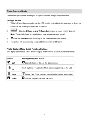 Page 12 11 
Photo Capture Mode 
The Photo Capture mode allows you to capture pictures with your digital camera. 
 
Taking a Picture 
1) While in Photo Capture mode, use the LCD display on the back of the camera to direct the 
camera at the scene you would like to capture. 
2)   Click the T/Zoom In and W/Zoom Out buttons to zoom in/out if desired. 
Note: The actual shape of these buttons may vary per camera model. 
3) Click the Shutter button on the top of the camera to take the picture.  
4) The picture will...