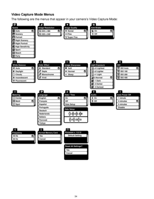 Page 35 34 
Video Capture Mode Menus 
The following are the menus that appear in your camera‟s Video Capture Mode: 
 
  