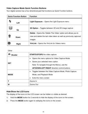 Page 41 40 
Video Capture Mode Quick Function Buttons 
Your digital camera has a four-directional pad that functions as Quick Function buttons.  
 
Quick Function Button Function 
     Left Light Exposure – Opens the Light Exposure menu 
    Up 
3D Option – Toggles between 3D and 2D image capture 
     Down 
Delete - Opens the „Delete This Video‟ option and allows you to 
view and delete the last video taken as well as previously captured 
images 
       Right ViviLink - Opens the ViviLink for Videos menu...